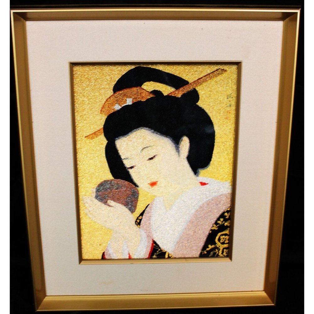 Japanese Geisha Beaded Print Picture Matted Framed Glass Shimmers Japan 19 x 16"